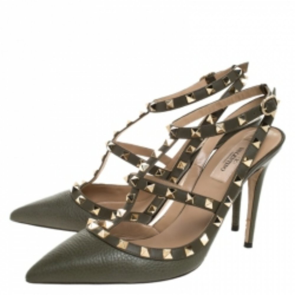 Valentino Green Leather Rockstud Ankle Strap Cage Sandals Size 40.5